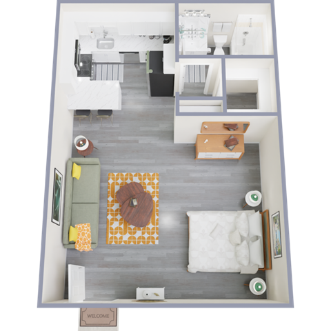 a rendering of our 1 bedroom apartment at university gardens